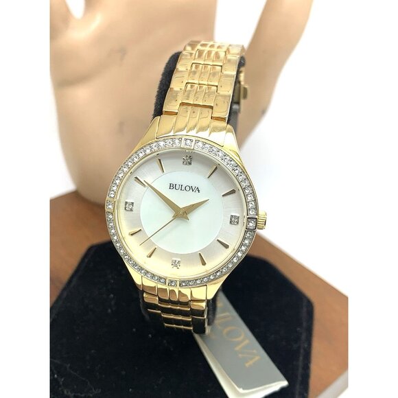 Bulova Women's Watch 98L274 Quartz Mother of Pearl White Dial Gold Gemmed 32mm - Picture 1 of 14